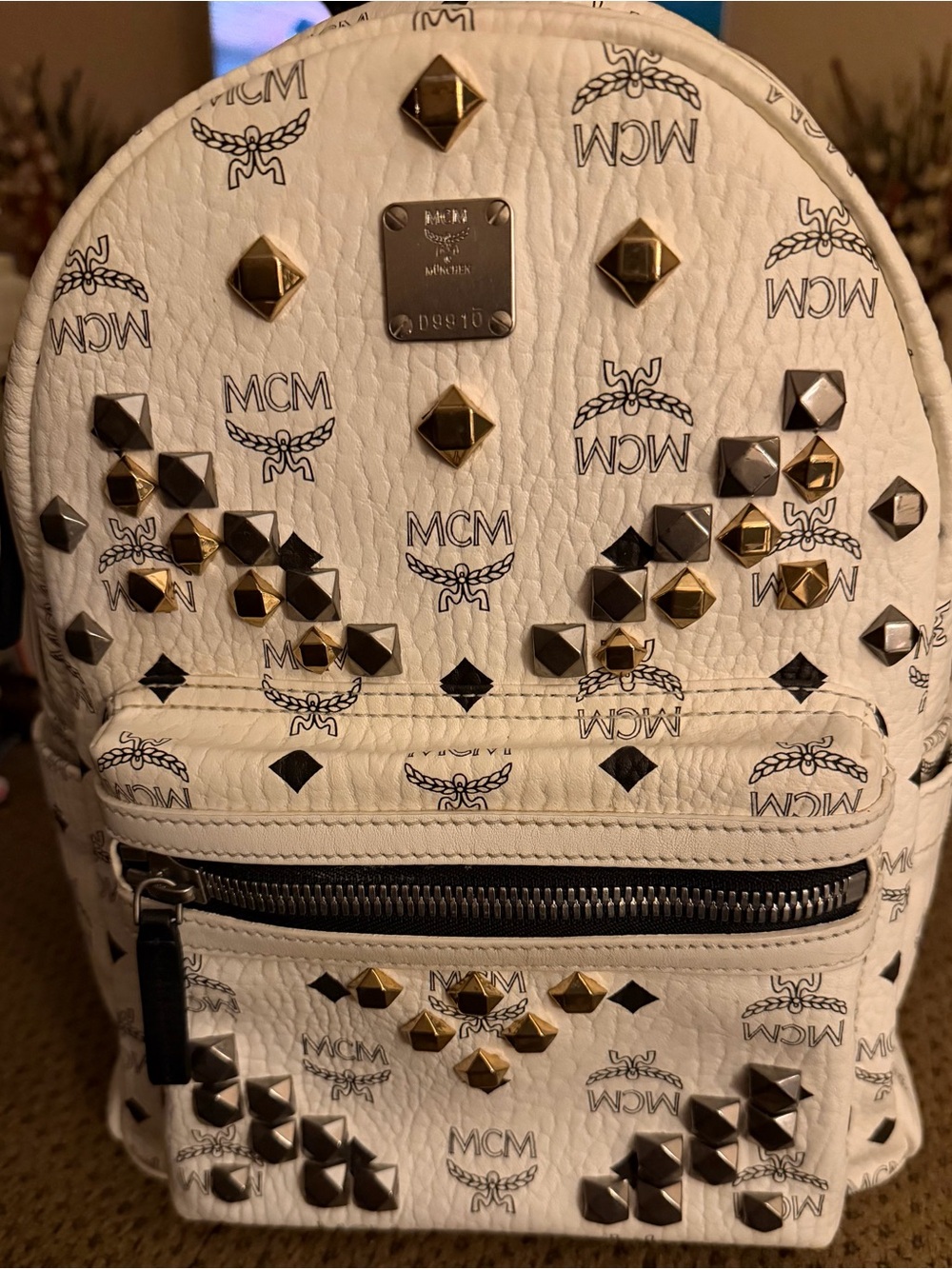MCM White Visetos Studded Leather medium/large backpack